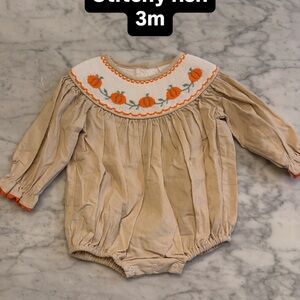 Smocked Pumpkin Corduroy Baby One-Piece Romper - Beige with Orange Embroidery
